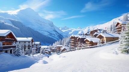 Ski resort in the snowy mountains, active winter holidays - obrazy, fototapety, plakaty