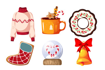 A set of Christmas elements. Merry Christmas and Happy New Year. Christmas pudding, winter sweater, ginger cookies, hot chocolate, bell.Vector illustration.