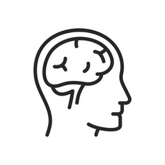 Brain in Human Head Icon. Thin Linear Illustration of Neurological Anatomy for Cognitive Health and Science Education