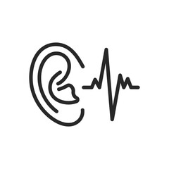 Hearing Icon. Thin Line Sign of Ear with Sound Wave, Symbolizing Auditory Health and Sound Perception. Isolated Outline Vector Sign. - obrazy, fototapety, plakaty