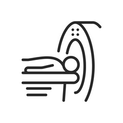 MRI and CT Scan Process Icon. Thin Line Illustration Depicting Patient Undergoing Brain Imaging in Medical Diagnostic Scanner Equipment. Isolated Outline Vector Sign.