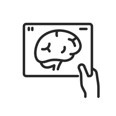 MRI and CT Scan Results Icon. Thin Linear Illustration of Hand Holding Brain Scan Image or Scanner Film for Medical Diagnostics and Patient Care. Isolated Outline Vector Sign.