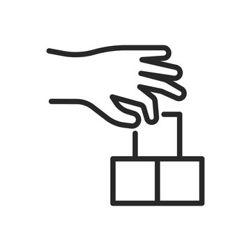 Motor Skills Development Icon. Thin Line Illustration of Hand Assembling Blocks, Symbolizing Coordination, Learning and Restoration of Motor Functions. Isolated Outline Vector Sign.