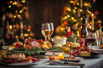 Christmas Dinner table full of dishes with food and snack