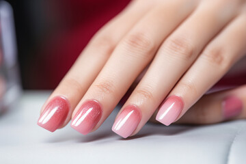 Obraz na płótnie Canvas Glamour woman hand with light pink nail polish on her fingernails. Pink nail manicure with gel polish at a luxury beauty salon. Nail art and design. Female hand model. French manicure.