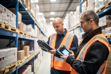 Warehouse staff using tablet computer in warehouse. This is a freight transportation and distribution warehouse. Industrial and industrial workers concept