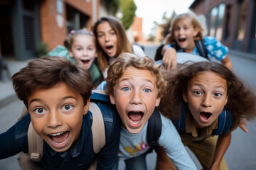 Portrait of happy group of school kids looking at camera and laughing