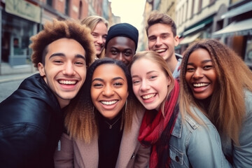 Portrait of a group of friends smiling and looking at camera.