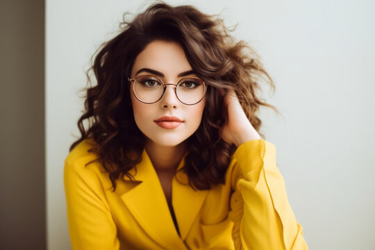 Portrait of a beautiful young woman in yellow jacket and glasses on yellow background