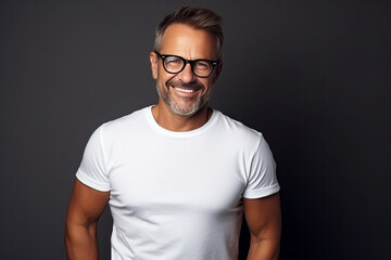 Portrait of smiling mature man in eyeglasses against grey background