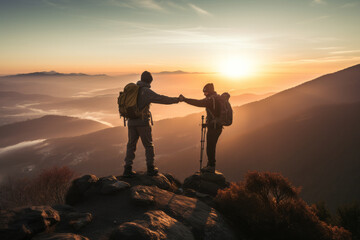 Hiker couple shaking hands on the top of the mountain during sunrise