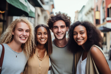 Fototapeta premium Portrait of a group of friends smiling and looking at camera.