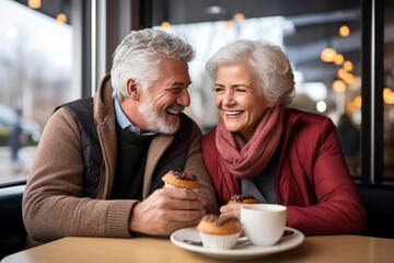 Cheerful senior couple sitting in a cafe and eating cakes.