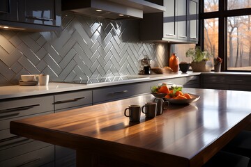Small kitchen in apartments with stylish grey geometric tiles - obrazy, fototapety, plakaty