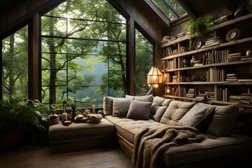 A cozy reading nook by a large window, complete with plush cushions and a collection of books