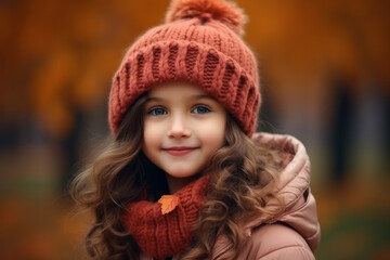 Portrait of a cute little girl in autumn park, outdoor shot