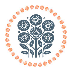 Prairie vector flower wreath isolated clipart for rural folkart floral. Scandi retro plant sprig in decorative foliate folksy style. 