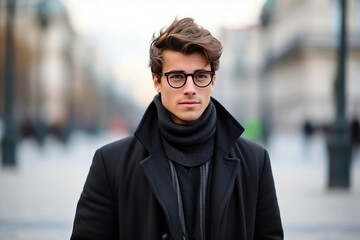 Portrait of a handsome young man in coat and glasses, outdoors