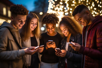 Obraz premium technology, friendship and people concept - group of smiling teenagers with smartphones in forest