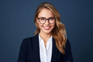 Fototapeta premium Portrait of happy young businesswoman in eyeglasses on blue background