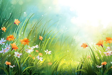 spring grass background with flowers and grass. Generative AI.