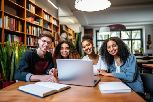 education, school, technology and people concept - group of smiling students with laptop computer and books in library