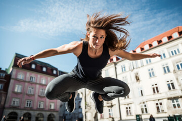 Beautiful young woman dancing hip-hop in the city on a sunny day