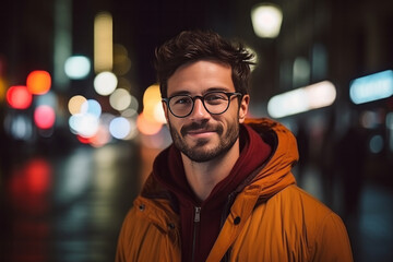 Portrait of a handsome young man with glasses in the city at night