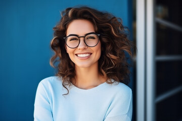 Portrait of a smiling young businesswoman with glasses on blue background