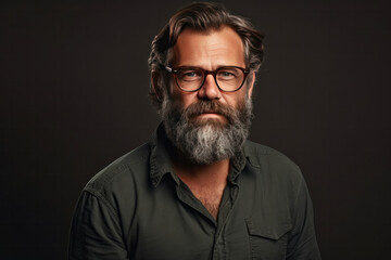 Obraz premium Portrait of a handsome mature man with grey hair and beard wearing glasses.
