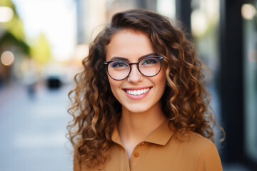 smiling young woman in eyeglasses over city street background - obrazy, fototapety, plakaty