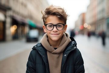 Fototapeta premium Portrait of a boy in glasses on the background of the city