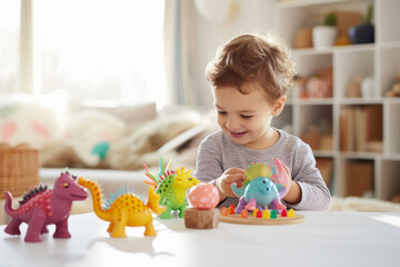 Adorable baby boy playing with colorful plastic toys at home. Happy child having fun.
