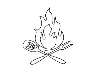 Continuous one line drawing of a bbq fork and spatula. Barbeque fork, spatula and fire isolated on a white background. Vector illustration