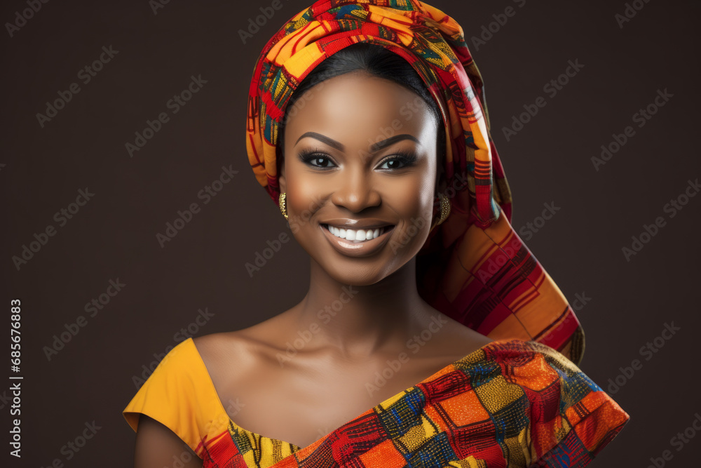 Poster Beautiful African American woman with necklace and earrings on dark background