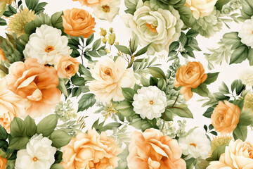 Watercolor floral border wreath with green leaves, pink peach blush and flower branches