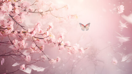 Delicate pink blossom almond and flying butterfly on spring morning. Spring abstract background. Generative AI.