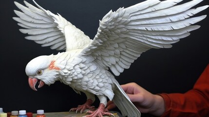 White cockatoo parrot with open wings and a human hand in the background. Pet. Pet Concept. Wilderness Concept. Wildlife Concept. - obrazy, fototapety, plakaty