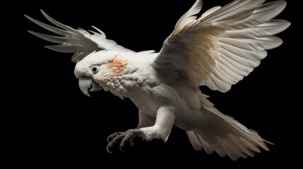 White Cockatoo in flight on a black background. Isolated. Pet. Pet Concept. Wilderness Concept. Wildlife Concept.