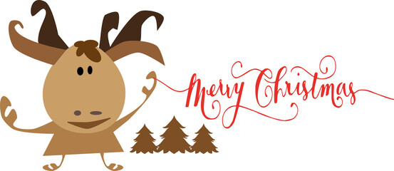 Merry Christmas greeting card with cute  deer. Holiday cartoon character in winter season.