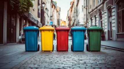a row of colorful trash cans