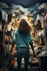 young woman in messy wardrobe at home