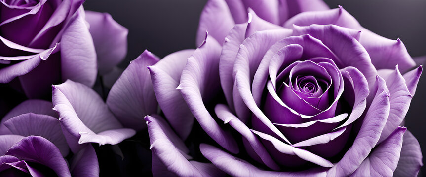 Ramo de rosas moradas sobre fondo gris. Banner de plantas frescas sobre fondo oscuro para bodas o SPA. Fondo natural con flor rom&aacute;ntica. Hecho con IA.