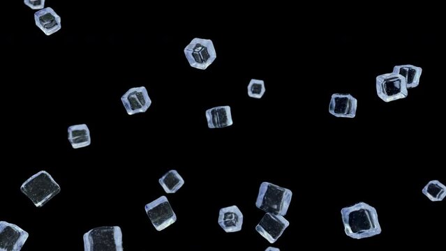 Falling ice cubes isolated on transparent background. Alpha channel, mov. 4K video. 3d illustration.