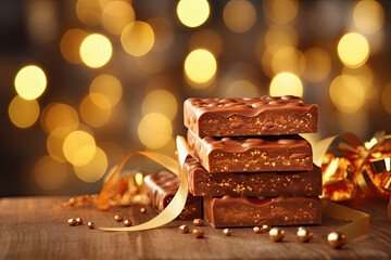 tabletas de turrón de chocolate sobre mesa con decoración navideña y fondo dorado desenfocado