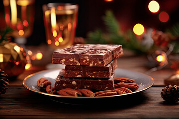 tabletas de turrón de chocolate con almendras dentro de un plato sobre la  mesa, decorada con motivos navideños y copas  para brindar