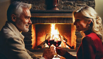 Para w średnim wieku pije wino siedząc przed kominkiem - obrazy, fototapety, plakaty