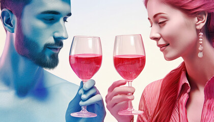 Mężczyzna i kobieta trzymający w dłoniach kieliszki z winem. Mężczyzna zabarwiony na niebiesko, kobieta na czerwono. Motyw różnic pomiędzy płciami, relacji, związku miłości - obrazy, fototapety, plakaty
