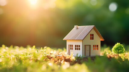home and life concept. Small model home on green grass with sunlight abstract background. Generative AI.