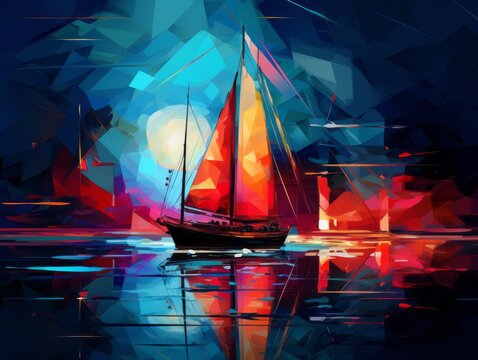 a painting of a sailboat under sail, with colorful lights and blue sky, in the style of abstract geometric compositions, cityscape abstraction, dark cyan and red, calligraphic abstractions